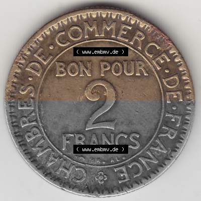 Münze Frankreich Umlaufmünzen Sammlung in PNG 1920-1927, 2 Franken 1925 (Stück 1), BON POUR 2 FRANCS CHAMBRES DE COMMERCE DE... Sammlung
