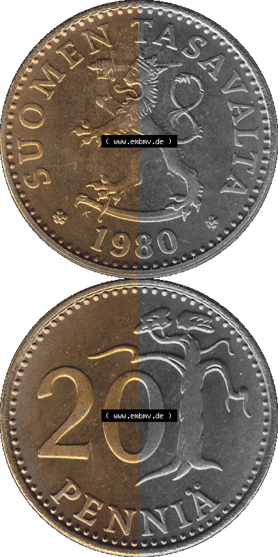 Alte Münzen KMS Finnland, Kursmünzensatz 1980 in Stempelglanz als digitales Computerbild in transparenten PNG 1963-1990, 20... Sammlung