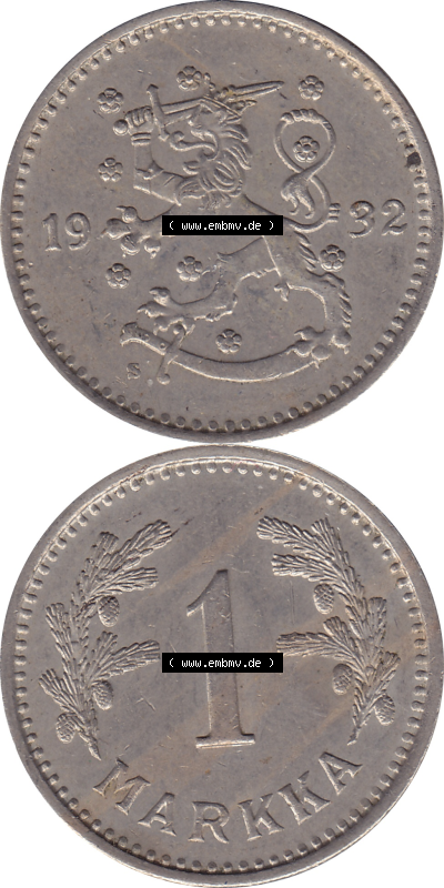 Münze Finnland / SUOMI Umlaufmünzen Sammlung in PNG 1928-1940, 1 finnische Mark, Markka 1932 (8) - Digital Münzen-Bildmaterial... Sammlung