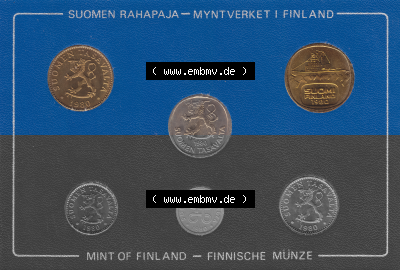 Alte Münzen KMS Finnland, Kursmünzensatz 1980 in Stempelglanz als digitales Computerbild in transparenten PNG 1980-1980, Markkaa,... Sammlung