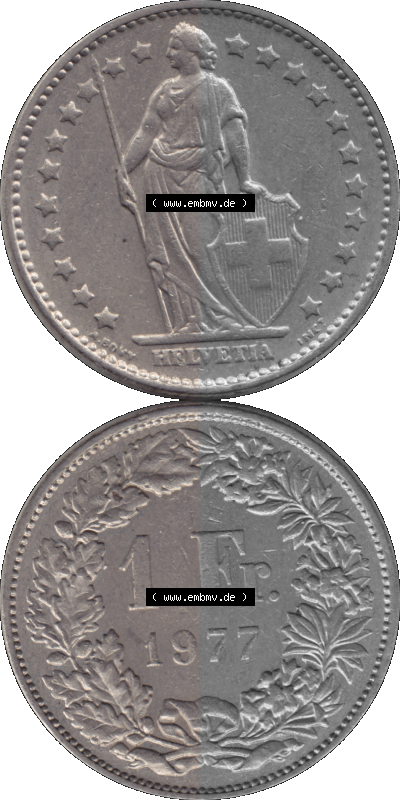 Alte Münze Schweiz in original Farbgebung vom Scanner transparenten PNG 1968-1982, 1 Franken B 1977 (Stück 1) (10) Sammlung