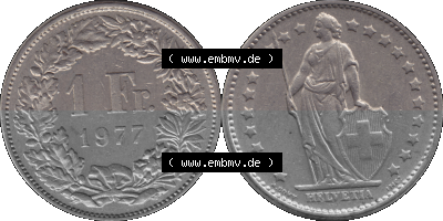 Alte Münze Schweiz in original Farbgebung vom Scanner transparenten PNG 1968-1982, 1 Franken B 1977 (Stück 1) (15) Sammlung