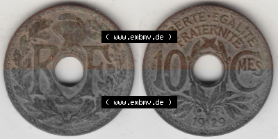 Münze Frankreich Umlaufmünzen Sammlung in PNG 1917-1938, 10 Centimes, 10 CMES EGALITÉ FRATERNITÉ LIBERTÉ 1929 (Stück 1)... Sammlung