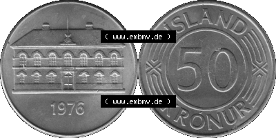 Island Umlaufmünze 1970-1980, 50 Krönur, Fünfzig Kronen 1976 (Stück 1) Graustufen Sammlung