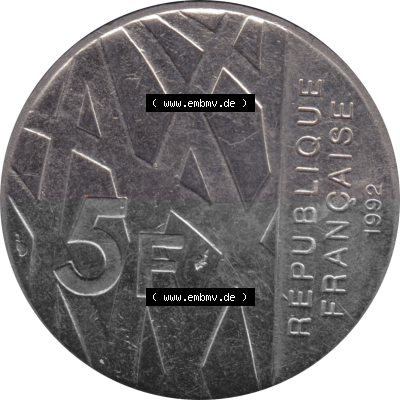 Münze Frankreich Umlaufmünzen Sammlung in PNG 1992-1992, 5 Francs Franken in Nickel 1992 (Stück 1) (5) - Digitales Münzen-Bildmaterial... Sammlung