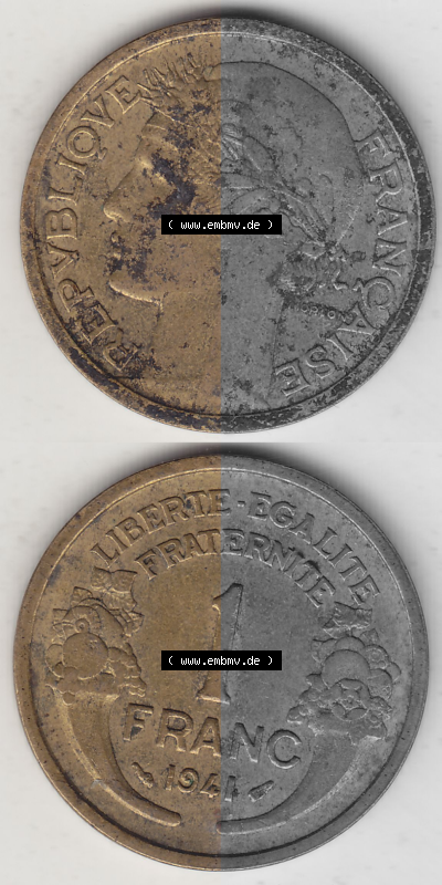 Münze Frankreich Umlaufmünzen Sammlung in PNG 1931-1941, 1 Franken, 1 Franc, 1941 (Stück 1) LIBERTE EGALITE FRATERNITE (4)... Sammlung