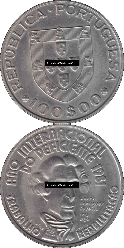 Alte Gedenkmünze aus Portugal als PNG-Grafik 1982, 100 Escudos, Ano Internacional, do Deficiente Sammlung