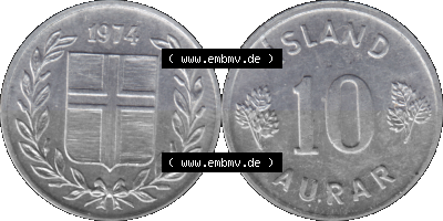 Island Umlaufmünze 1970-1974, 10 Aurar 1974 Sammlung
