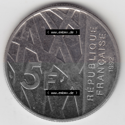 Münze Frankreich Umlaufmünzen Sammlung in PNG 1992-1992, 000500. 5 Francs Franken in Nickel (1) - Digitales Münzen-Bildmaterial... Sammlung