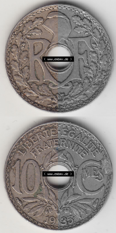 Münze Frankreich Umlaufmünzen Sammlung in PNG 1917-1938, 10 Centimes - Cmes 1935 (Stück 3) (4) - Digitales Münzen-Bildmaterial... Sammlung