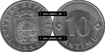 Lettland Umlaufmünze 1992-2008, 10 Santimu 1992 (Stück 1), VS Staatswappen, RS. Wert-Zahl Graustufen Sammlung