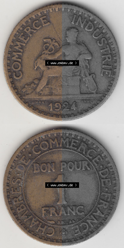Münze Frankreich Umlaufmünzen Sammlung in PNG 1920-1927, 1 Franken BON POUR 1 FRANC 1924 (Stück 1) (4) - Digitales Münzen-Bildmaterial... Sammlung