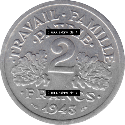 Münze Frankreich Umlaufmünzen Sammlung in PNG 1943-1944, 2 Francs, Franken 1943 (Stück 1) (5) - Digitales Münzen-Bildmaterial... Sammlung
