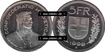 KMS Schweiz in original Farbgebung vom Scanner transparenten PNG 1994-2018, 5 Franken 1999 Sammlung