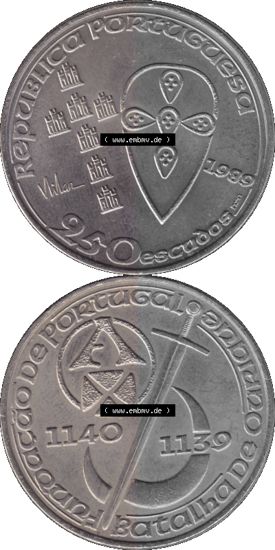 Alte Gedenkmünze aus Portugal als PNG-Grafik 1989, 250 Escudos, Batalha de Ourique, Schlacht von Ourique Sammlung