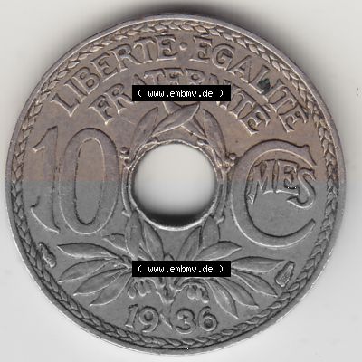 Münze Frankreich Umlaufmünzen Sammlung in PNG 1917-1938, 10 Centimes - Cmes 1936 (2) - Digitales Münzen-Bildmaterial einer... Sammlung