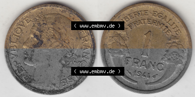Münze Frankreich Umlaufmünzen Sammlung in PNG 1931-1941, 1 Franken, 1 Franc, 1941 (Stück 1) LIBERTE EGALITE FRATERNITE (3)... Sammlung