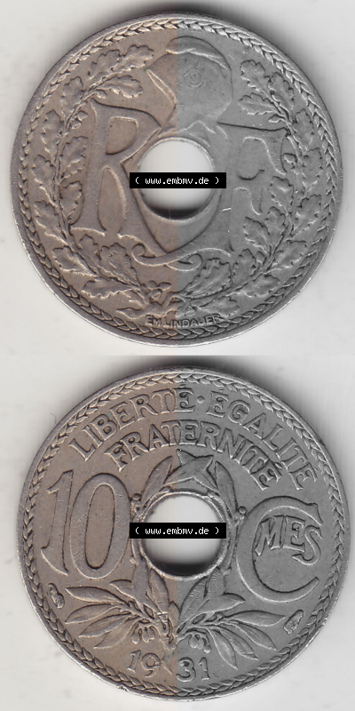 Münze Frankreich Umlaufmünzen Sammlung in PNG 1917-1938, 10 Centimes, 10 CMES EGALITÉ FRATERNITÉ LIBERTÉ 1931 (Stück 2)... Sammlung