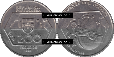 Alte Gedenkmünze aus Portugal als PNG-Grafik 1992, 200 Escudos, Navegagoes Para Ocidente 1452-1486 Sammlung
