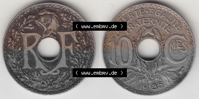 Münze Frankreich Umlaufmünzen Sammlung in PNG 1917-1938, 10 Centimes - Cmes 1935 (Stück 1) (3) - Digitales Münzen-Bildmaterial... Sammlung