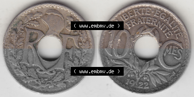 Münze Frankreich Umlaufmünzen Sammlung in PNG 1917-1938, 10 Centimes, 10 CMES EGALITÉ FRATERNITÉ LIBERTÉ 1922 (Stück 2)... Sammlung