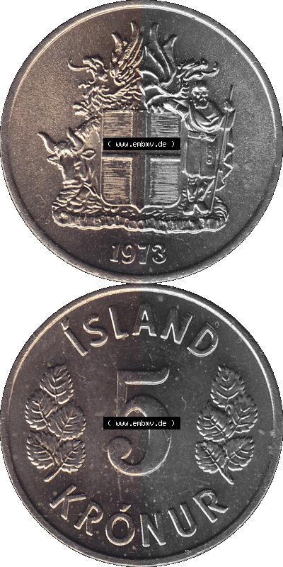 Island Umlaufmünze 1969-1980, 5 Kronur 1973 (Stück 1), 5 Isländische Kronen Sammlung