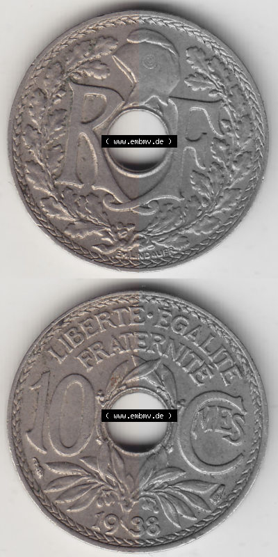 Münze Frankreich Umlaufmünzen Sammlung in PNG 1917-1938, 10 Centimes - Cmes 1938 (4) - Digitales Münzen-Bildmaterial einer... Sammlung