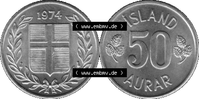 Island Umlaufmünze 1969-1974, 50 Aurar, Fünfzig Aura 1974 (Stück 1) Graustufen Sammlung
