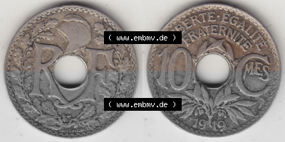 Münze Frankreich Umlaufmünzen Sammlung in PNG 1917-1938, 10 Centimes, 10 CMES EGALITÉ FRATERNITÉ LIBERTÉ 1919 (Stück 1)... Sammlung