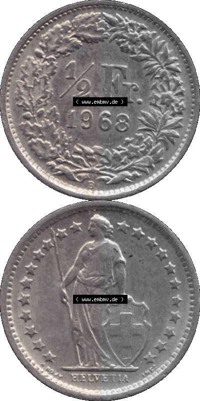 Schweiz in original Farbgebung vom Scanner transparenten PNG 1968-1982, 1/2 (halber) Franken B 1968 (Stück 1) Sammlung