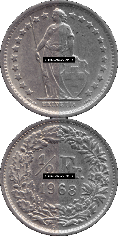 Schweiz in original Farbgebung vom Scanner transparenten PNG 1968-1982, 1/2 (halber) Franken B 1968 (Stück 1) Sammlung