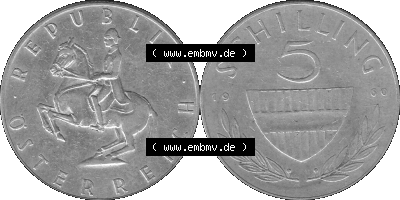 5 / Fünf Schilling Österreich in s/w Schwarzweiß bzw. Graustufen Farbgebung von Scanner transparenten PNG 1960-1968, 5 Fünf... Sammlung