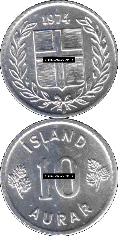 Alte Münze 'Island Umlaufmünze 1970-1974, 10 Aurar, Zehn Aura 1974 (Stück 1). Vorderseite und Rückseite der Münze, Umlaufmünze... Sammlung