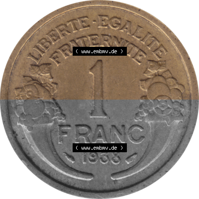 Münze Frankreich Umlaufmünzen Sammlung in PNG 1931-1941, 1 Francs, Franken 1938 (Stück 1) (5) - Digitales Münzen-Bildmaterial... Sammlung