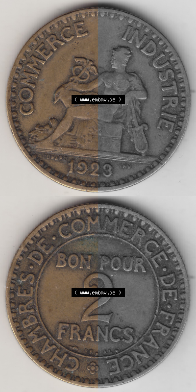 Münze Frankreich Umlaufmünzen Sammlung in PNG 1920-1927, 2 Francs - Franken 1923 (4) - Digitales Münzen-Bildmaterial einer... Sammlung