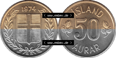 Alte Münze 'Island Umlaufmünze 1969-1974, 50 Aurar, Fünfzig Aura 1974 (Stück 1). Vorderseite und Rückseite der Münze aus... Sammlung