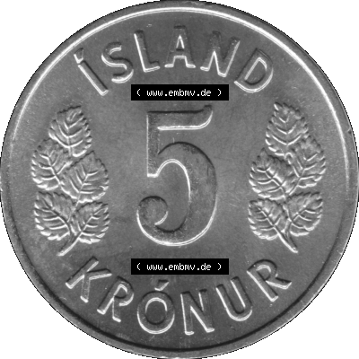Island Umlaufmünze 1969-1980, 5 Kronur, Fünf Kronen 1973 (Stück 1) Graustufen Sammlung