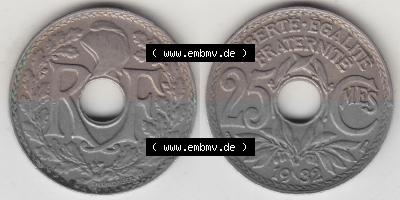 Münze Frankreich Umlaufmünzen Sammlung in PNG 1917-1937, 25 Cmes, Centimes 1932 (Stück 1) LIBERTE EGALITE FRATERNITE (3) -... Sammlung