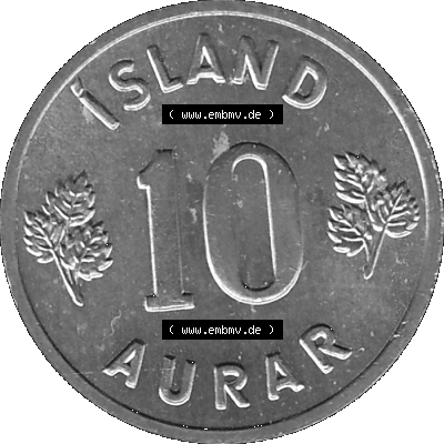 Island Umlaufmünze 1970-1974, 10 Aurar 1974 (Stück 1), 10 Isländische Aurar Graustufen Sammlung