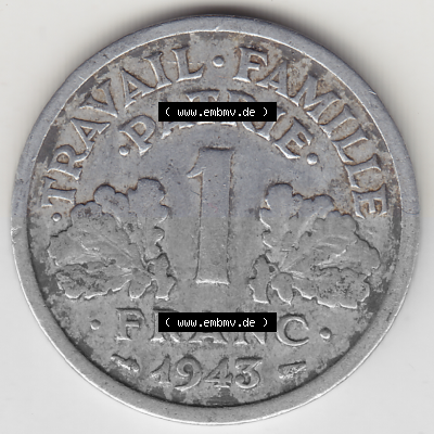 Münze Frankreich Umlaufmünzen Sammlung in PNG 1942-1944, 1 Franken - Francs 1943 (Stück 1) (2) - Digitales Münzen-Bildmaterial... Sammlung