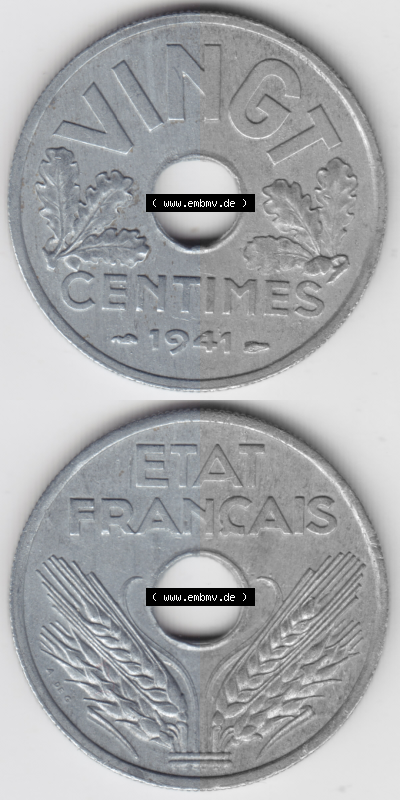 Münze Frankreich Umlaufmünzen Sammlung in PNG 1941-1941, VINGT 20 Centimes, Cent (4) - Digitales Münzen-Bildmaterial einer... Sammlung