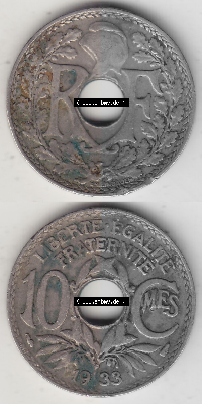Münze Frankreich Umlaufmünzen Sammlung in PNG 1917-1938, 10 Centimes, 10 CMES EGALITÉ FRATERNITÉ LIBERTÉ 1933 (Stück 1)... Sammlung