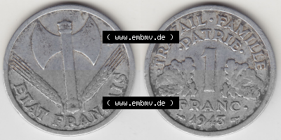 Münze Frankreich Umlaufmünzen Sammlung in PNG 1942-1944, 1 Franken - Francs 1943 (Stück 1) (3) - Digitales Münzen-Bildmaterial... Sammlung