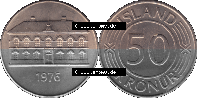 Alte Münze 'Island Umlaufmünze 1970-1980, 50 Krönur, Fünfzig Kronen 1976 (Stück 1). Vorderseite und Rückseite der Münze... Sammlung