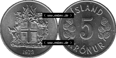 Island Umlaufmünze 1969-1980, 5 Kronur 1973 (Stück 1), 5 Isländische Kronen Graustufen Sammlung