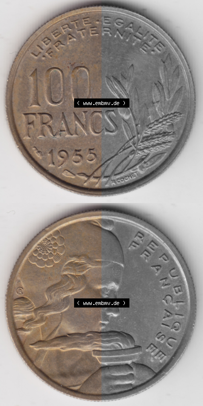 Münze Frankreich Umlaufmünzen Sammlung in PNG 1954-1958, 100 Francs, Franken Typ II 1955 (4) - Digitales Münzen-Bildmaterial... Sammlung