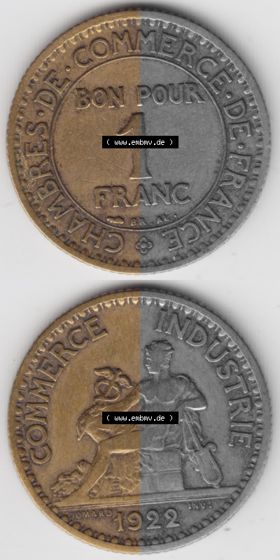 Münze Frankreich Umlaufmünzen Sammlung in PNG 1920-1927, 1 Francs, Franken 1922 (4) - Digitales Münzen-Bildmaterial einer französischen... Sammlung