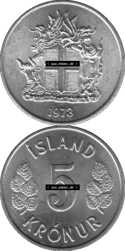 Island Umlaufmünze 1969-1980, 5 Kronur, Fünf Kronen 1973 (Stück 1) Graustufen Sammlung