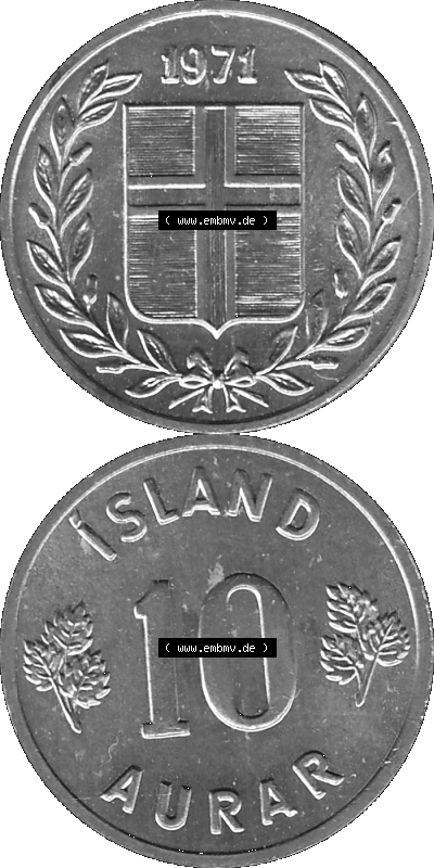 Island Umlaufmünze 1970-1974, 10 Aurar 1974 (Stück 1), 10 Isländische Aurar Graustufen Sammlung