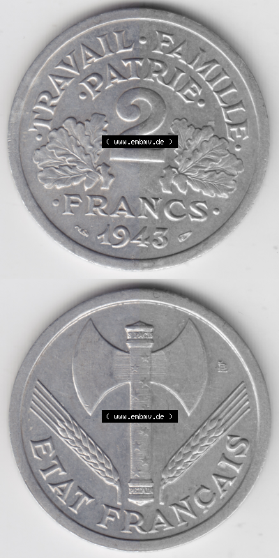 Münze Frankreich Umlaufmünzen Sammlung in PNG 1943-1944, 2 Francs, Franken 1943 (4) - Digitales Münzen-Bildmaterial einer französischen... Sammlung